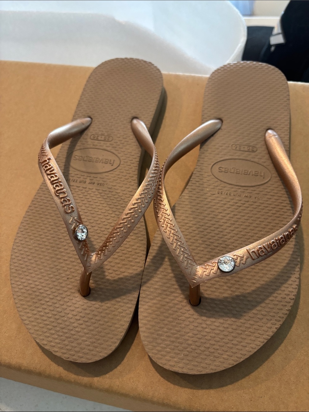 Havaianas Women's Metallic Bronze Flip Flops with Crystal Accent
